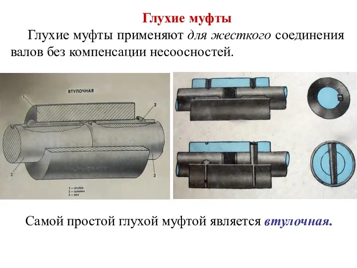 Глухие муфты Глухие муфты применяют для жесткого соединения валов без компенсации