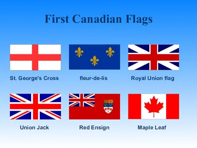 Union Jack Red Ensign Maple Leaf Royal Union flag fleur-de-lis St. George's Cross First Canadian Flags