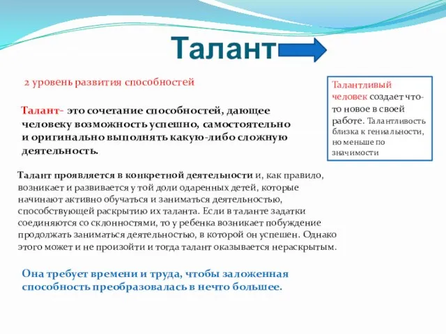 Талант 2 уровень развития способностей Талант- это сочетание способностей, дающее человеку