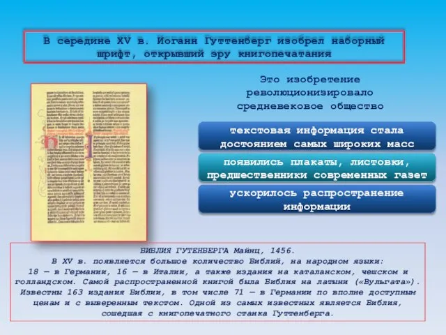 В середине XV в. Иоганн Гуттенберг изобрел наборный шрифт, открывший эру