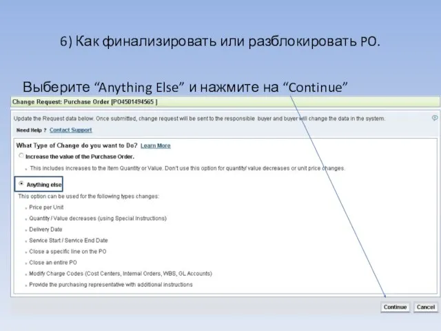 6) Как финализировать или разблокировать PO. Выберите “Anything Else” и нажмите на “Continue”