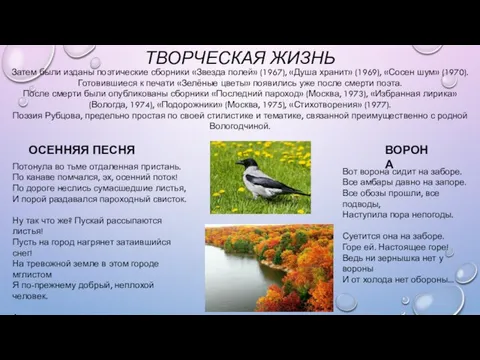 ТВОРЧЕСКАЯ ЖИЗНЬ Затем были изданы поэтические сборники «Звезда полей» (1967), «Душа