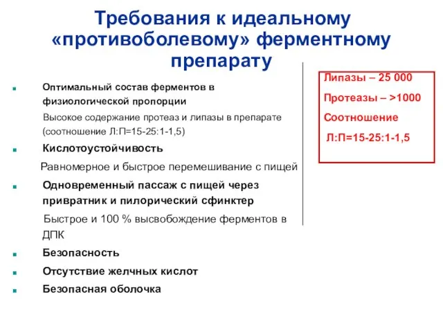 Требования к идеальному «противоболевому» ферментному препарату Оптимальный состав ферментов в физиологической