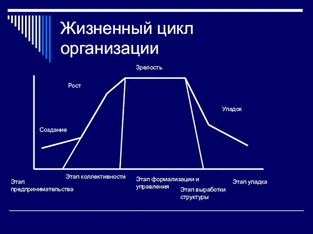 Жизненный цикл организации Создание Рост Зрелость Упадок Этап предпринимательства Этап коллективности