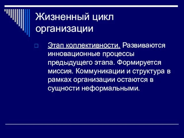 Жизненный цикл организации Этап коллективности. Развиваются инновационные процессы предыдущего этапа. Формируется