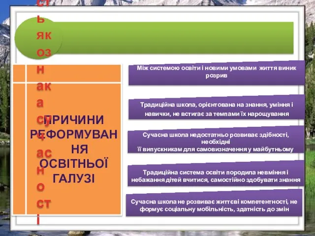 . ПРИЧИНИ РЕФОРМУВАННЯ ОСВІТНЬОЇ ГАЛУЗІ Між системою освіти і новими умовами