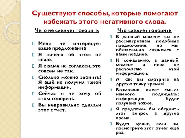 Существуют способы, которые помогают избежать этого негативного слова. Чего не следует