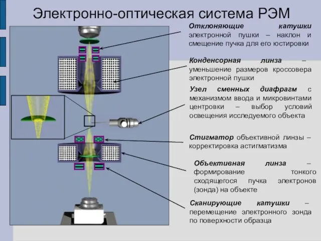 Электронно-оптическая система РЭМ Отклоняющие катушки электронной пушки – наклон и смещение