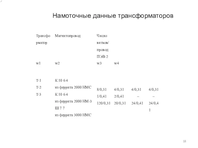 Намоточные данные трансформаторов