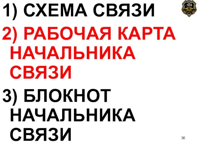 1) СХЕМА СВЯЗИ 2) РАБОЧАЯ КАРТА НАЧАЛЬНИКА СВЯЗИ 3) БЛОКНОТ НАЧАЛЬНИКА СВЯЗИ