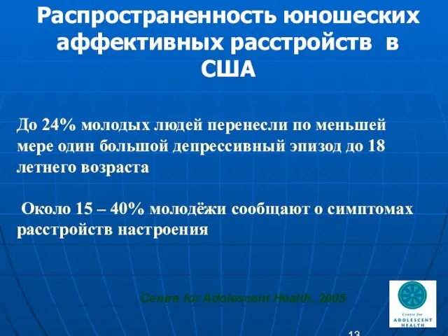 Распространенность юношеских аффективных расстройств в США До 24% молодых людей перенесли