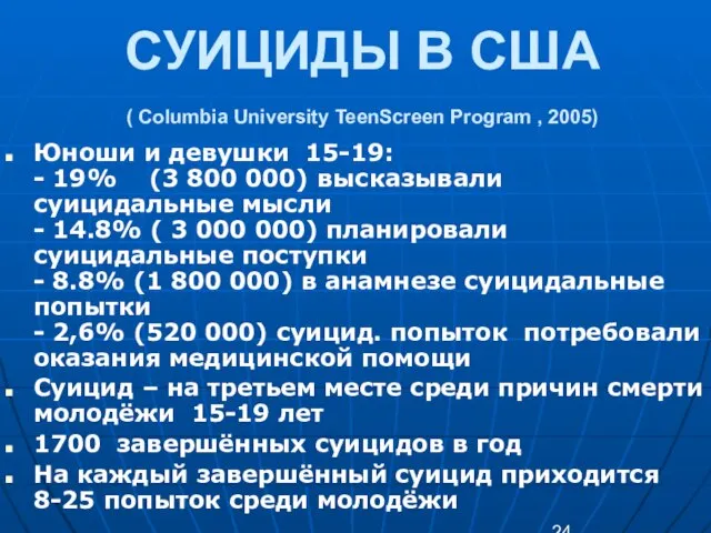 СУИЦИДЫ В США ( Columbia University TeenScreen Program , 2005) Юноши