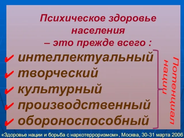 Психическое здоровье населения – это прежде всего : интеллектуальный творческий культурный производственный обороноспособный Потенциал нации