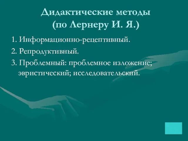 Дидактические методы (по Лернеру И. Я.) 1. Информационно-рецептивный. 2. Репродуктивный. 3. Проблемный: проблемное изложение; эвристический; исследовательский.