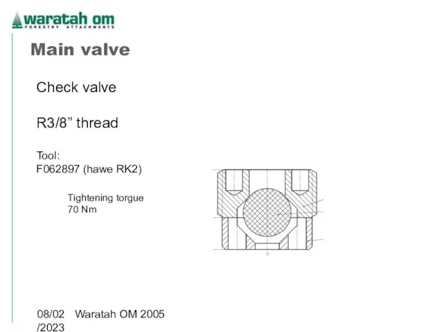 08/02/2023 Waratah OM 2005 Main valve Check valve R3/8” thread Tool: