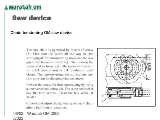 08/02/2023 Waratah OM 2005 Chain tensioning OM saw device Saw device