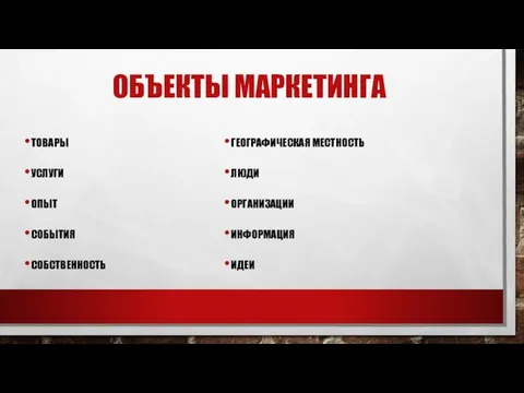 ОБЪЕКТЫ МАРКЕТИНГА ТОВАРЫ УСЛУГИ ОПЫТ СОБЫТИЯ СОБСТВЕННОСТЬ ГЕОГРАФИЧЕСКАЯ МЕСТНОСТЬ ЛЮДИ ОРГАНИЗАЦИИ ИНФОРМАЦИЯ ИДЕИ