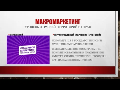 МАКРОМАРКЕТИНГ УРОВЕНЬ ОТРАСЛЕЙ, ТЕРРИТОРИЙ И СТРАН ОТРАСЛЕВОЙ ТЕРРИТОРИАЛЬНЫЙ (МАРКЕТИНГ ТЕРРИТОРИЙ) ИСПОЛЬЗУЕТСЯ