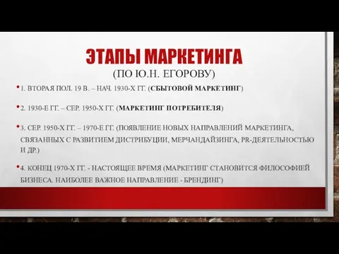 ЭТАПЫ МАРКЕТИНГА (ПО Ю.Н. ЕГОРОВУ) 1. ВТОРАЯ ПОЛ. 19 В. –