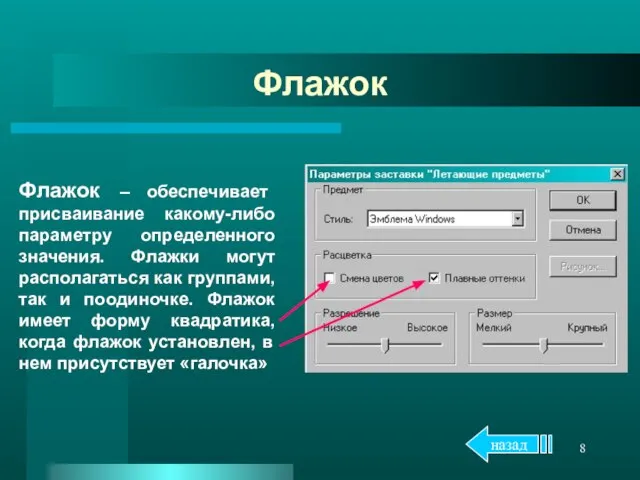 Флажок Флажок – обеспечивает присваивание какому-либо параметру определенного значения. Флажки могут