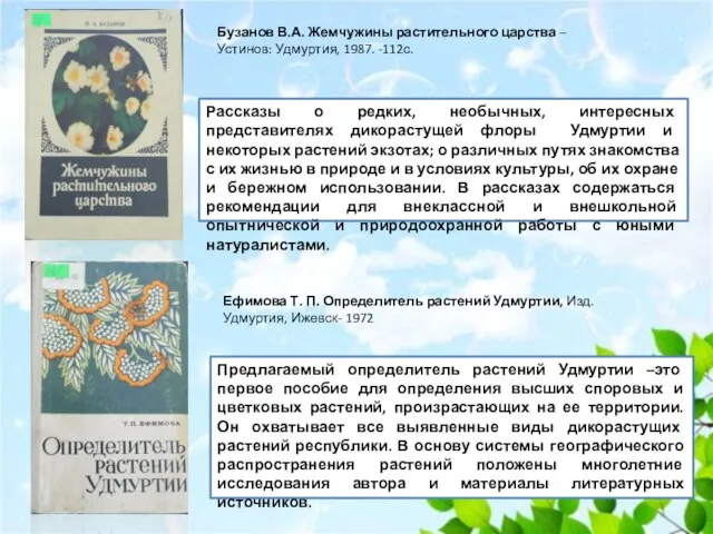 Бузанов В.А. Жемчужины растительного царства – Устинов: Удмуртия, 1987. -112с. Рассказы