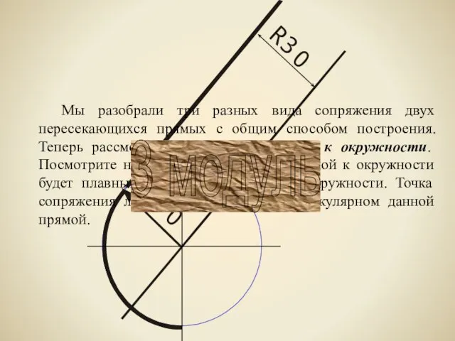 Мы разобрали три разных вида сопряжения двух пересекающихся прямых с общим