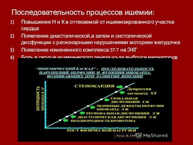 Последовательность процессов ишемии: Повышение Н и К в оттекаемой от ишемизированного