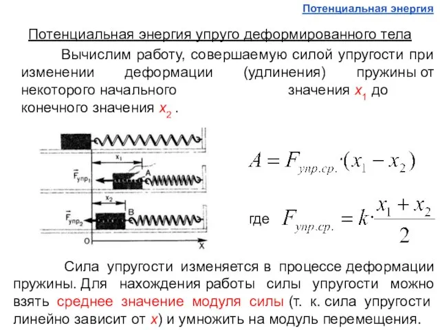 Потенциальная энергия упруго деформированного тела Вычислим работу, совершаемую силой упругости при