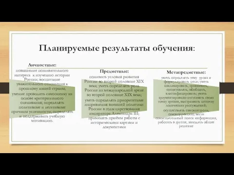 Планируемые результаты обучения: Личностные: повышение познавательного интереса к изучению истории России;