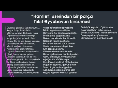 “Hamlet” əsərindən bir parça Tələt Əyyubovun tərcüməsi Ölümmü, qalımmı? Sual budur,