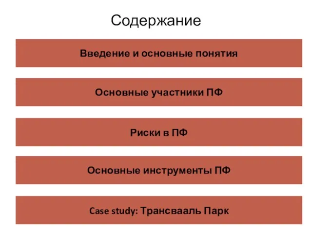 Содержание Введение и основные понятия Основные участники ПФ Риски в ПФ