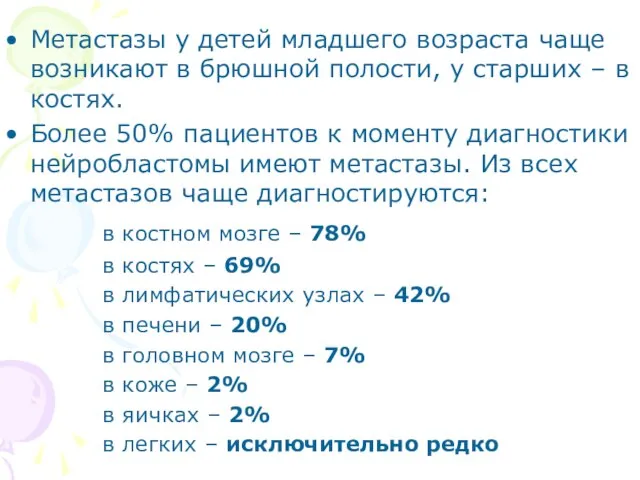 Метастазы у детей младшего возраста чаще возникают в брюшной полости, у