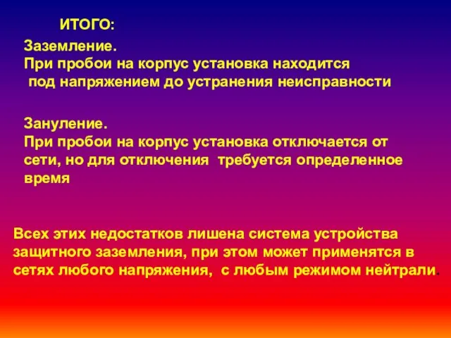 ИТОГО: Заземление. При пробои на корпус установка находится под напряжением до