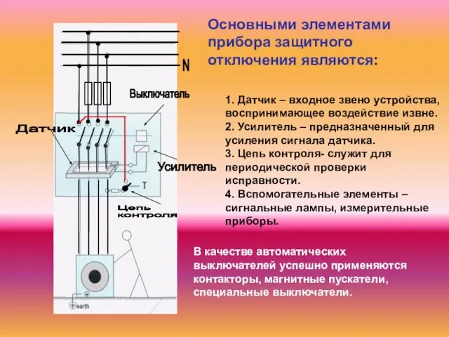 Основными элементами прибора защитного отключения являются: 1. Датчик – входное звено