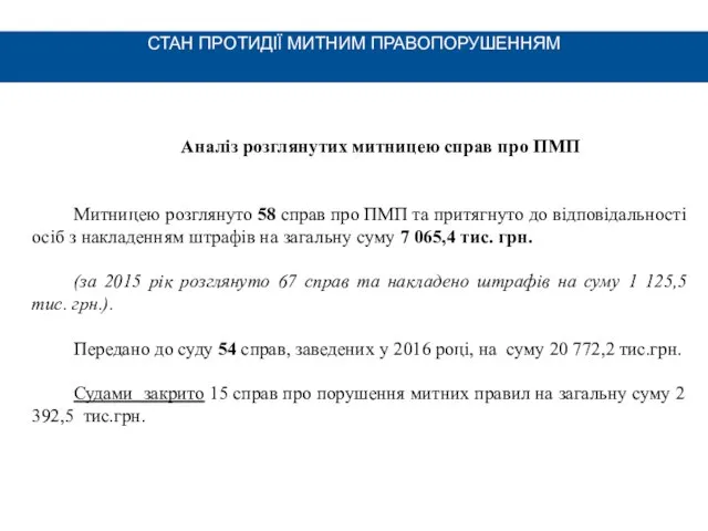 СТАН ПРОТИДІЇ МИТНИМ ПРАВОПОРУШЕННЯМ Аналіз розглянутих митницею справ про ПМП Митницею