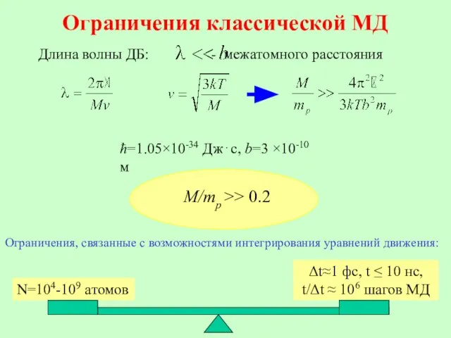 Ограничения классической МД ħ=1.05×10-34 Дж⋅с, b=3 ×10-10 м Ограничения, связанные с возможностями интегрирования уравнений движения: