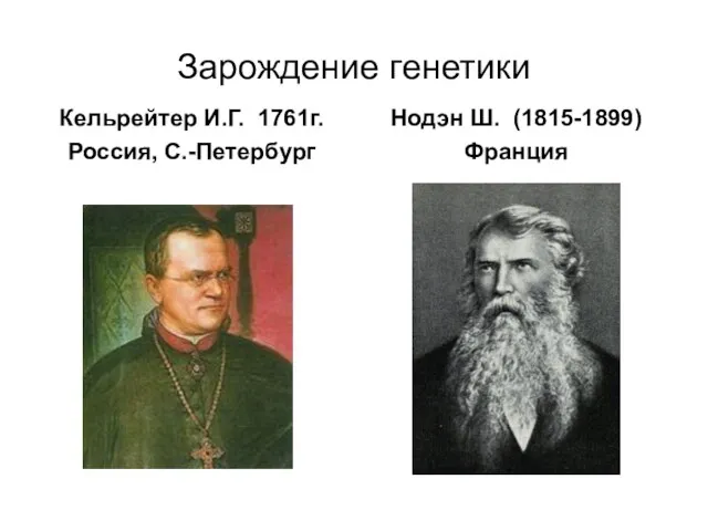 Зарождение генетики Кельрейтер И.Г. 1761г. Россия, С.-Петербург Нодэн Ш. (1815-1899) Франция