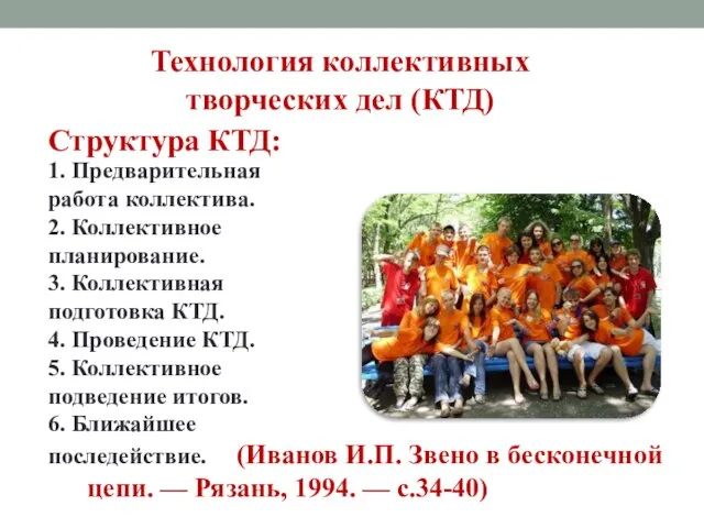 Технология коллективных творческих дел (КТД) Структура КТД: 1. Предварительная работа коллектива.