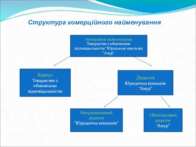 Структура комерційного найменування Комерційне найменування Товариство з обмеженою відповідальністю “Юридична компанія