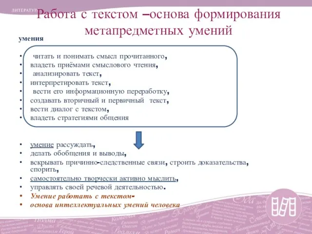 Работа с текстом –основа формирования метапредметных умений умения читать и понимать