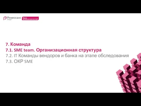 7. Команда 7.1. SME team. Организационная структура 7.2. IT Команды вендоров