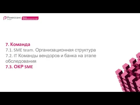 7. Команда 7.1. SME team. Организационная структура 7.2. IT Команды вендоров