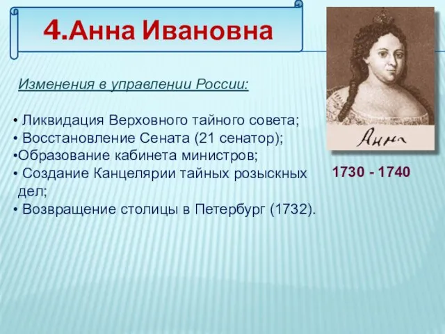 4.Анна Ивановна 1730 - 1740 Изменения в управлении России: Ликвидация Верховного