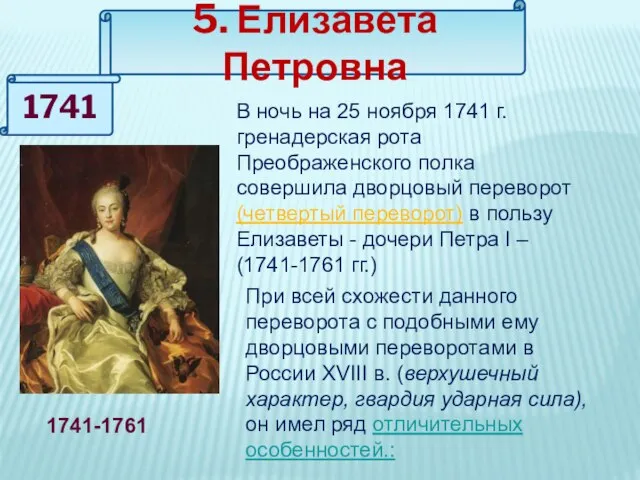 5. Елизавета Петровна 1741 В ночь на 25 ноября 1741 г.