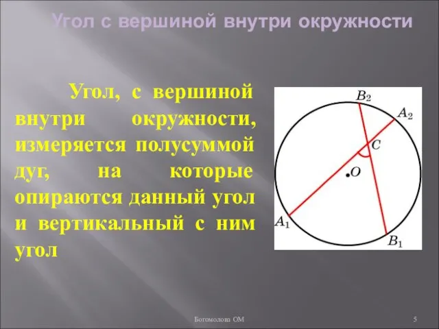 Угол с вершиной внутри окружности Угол, с вершиной внутри окружности, измеряется