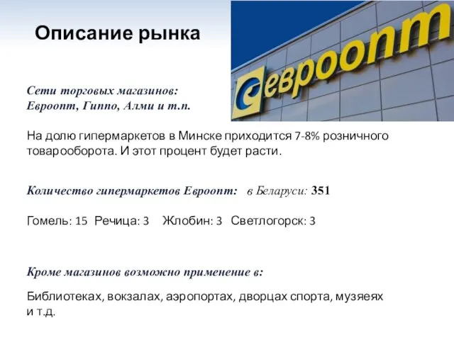 Описание рынка Сети торговых магазинов: Евроопт, Гиппо, Алми и т.п. На