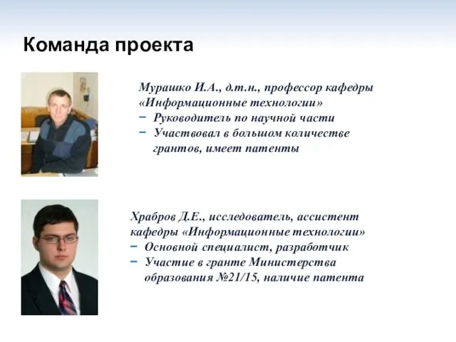 Команда проекта Мурашко И.А., д.т.н., профессор кафедры «Информационные технологии» Руководитель по