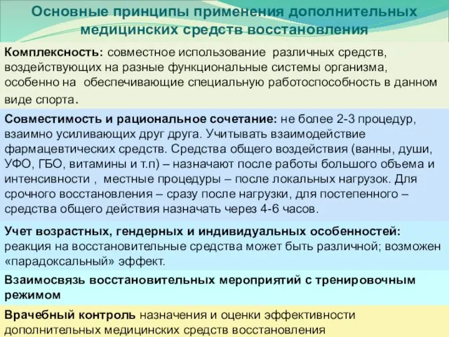 Основные принципы применения дополнительных медицинских средств восстановления Комплексность: совместное использование различных