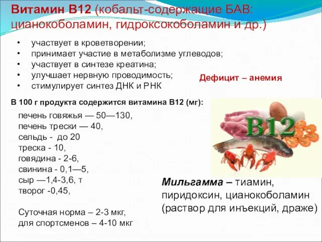 Витамин В12 (кобальт-содержащие БАВ:цианокоболамин, гидроксокоболамин и др.) участвует в кроветворении; принимает