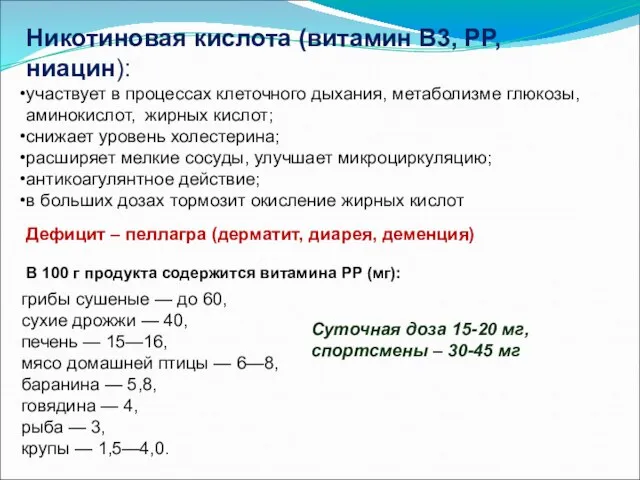 Никотиновая кислота (витамин В3, РР, ниацин): участвует в процессах клеточного дыхания,